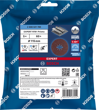 Disc de șlefuit cu fibră Bosch EXPERT R781 Prisma Ceramic X-LOCK 115 mm G, pachet de 60.