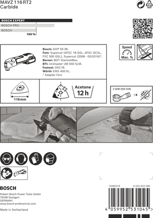 Placă de șlefuit Bosch EXPERT MAVZ 116 RT2 cu lamă din carbură de 116 mm.