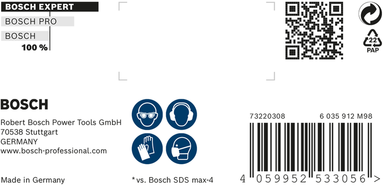 Etichetă de siguranță și de produs pentru burghiul cu percuție Bosch EXPERT SDS max-8X.