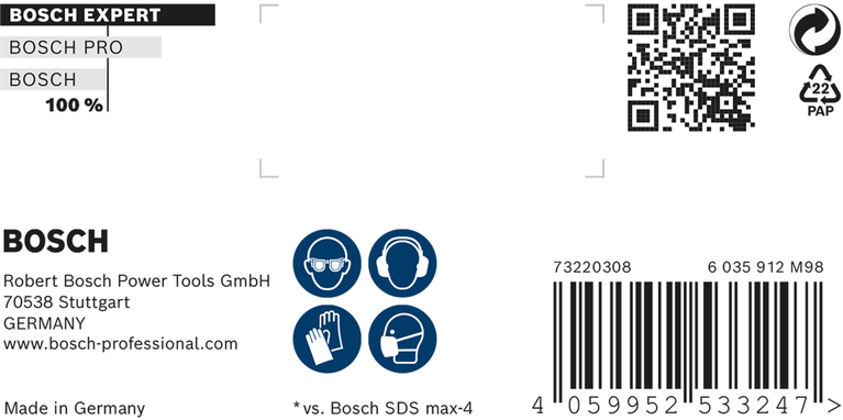Etichetă de siguranță și de produs pentru burghiul cu percuție Bosch EXPERT SDS max-8X.