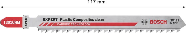 Lamă de ferăstrău pendular Bosch T301CHM pentru tăieri curate în plastic.