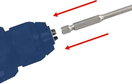 Bif hexagonal introdus într-o mandrină a unei burghie electrice cu săgeți direcționale.