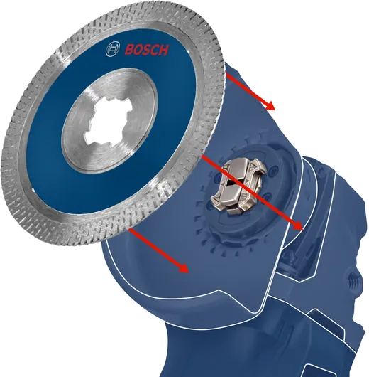 Disc de tăiere diamantat și cap de sculă cu săgeți care indică alinierea la instalare.