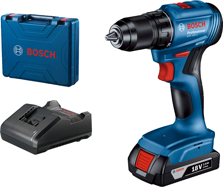 Mașină de găurit fără fir Bosch GSR 185-LI cu baterie și husă.