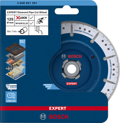 Disc diamantat pentru tăiat țevi Bosch EXPERT 125 mm X-LOCK.
