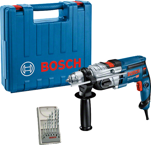 Mașină de găurit Bosch GSB 19-2 RE cu geantă de transport și burghie.