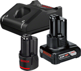 Set de baterii Bosch de 12V cu încărcător și două baterii.