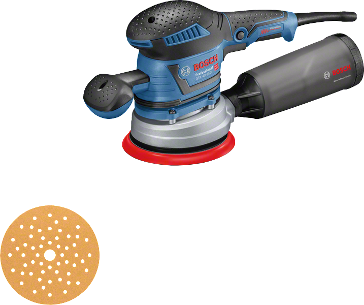 Șlefuitor Bosch GEX 40-150 cu cutie de praf și disc de șlefuit.