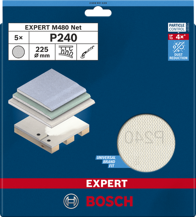 Plasă de șlefuit Bosch EXPERT M480 225 mm P240 pentru reducerea prafului.