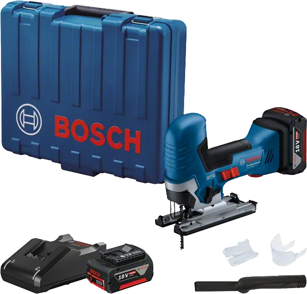 Set de ferăstrău vertical fără fir Bosch GST 185-LI cu mâner cilindric.