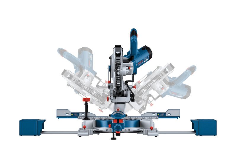 Fierăstrău circular cu mitră Bosch GCM 305-216 D, unghiuri de tăiere reglabile.