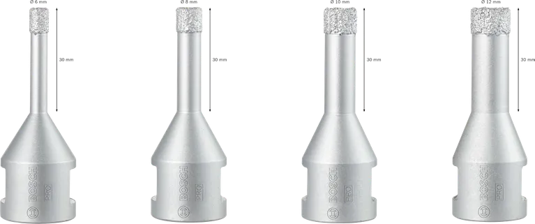 Set de freze ceramice Bosch PRO cu carotă uscată 6–12 mm, 4 bucăți.