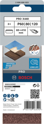 Benzi abrazive Bosch PRO X440 65×410 mm G60 G80 G100 3 buc.
