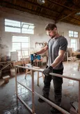 O persoană purtând echipament de siguranță găurește într-un cadru de lemn într-un atelier.