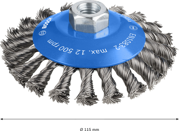 Perie conică groasă Bosch PRO Metal cu sârmă înnodată de 115 mm.