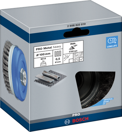 Perie cupă groasă Bosch PRO Metal 100 mm pentru polizoare unghiulare.