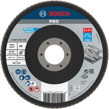 Disc abraziv lamelar Bosch PRO X571, unghiular, 125 mm, granulație 40.