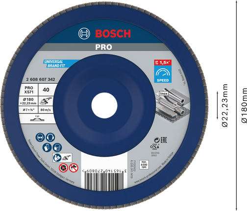 Disc lamelar Bosch PRO X571 180 mm G40 pentru șlefuirea metalului.