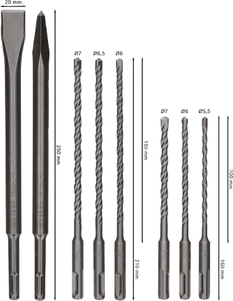 Set daltă și burghiu Bosch PRO SDS plus-4C, format din 8 piese.