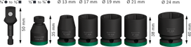 Set chei tubulare de impact Bosch PRO cu adaptor 1/2 inch, 7 piese.
