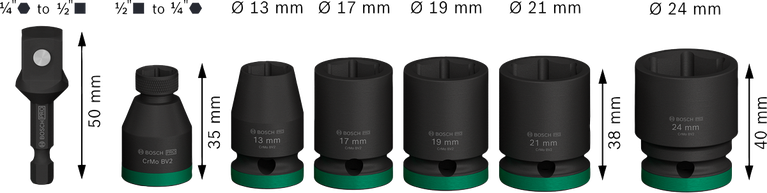 Set chei tubulare de impact Bosch PRO cu adaptor 1/2 inch, 7 piese.