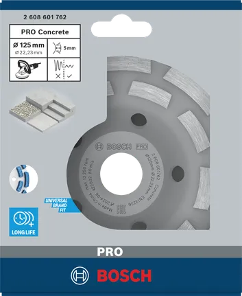 Cap de șlefuire a betonului Bosch PRO 125 mm pentru îndepărtarea rapidă a materialului.