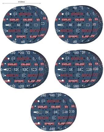 Set discuri de șlefuit cu folie Bosch EXPERT O780, 150 mm, granulații asortate.