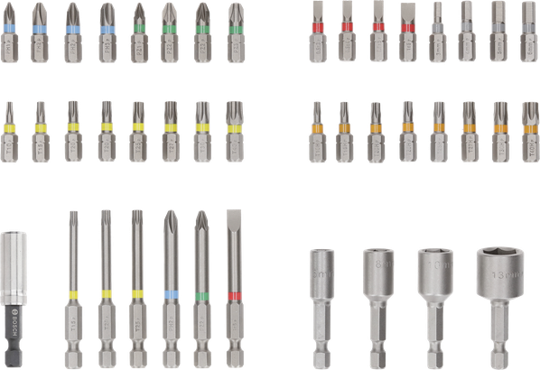Set de biți de șurubelniță Bosch extra dure, 43 de bucăți, dimensiuni asortate PH și PZ.