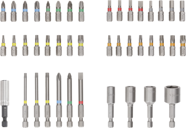 Set de biți de șurubelniță Bosch extra dure, 43 de bucăți, dimensiuni asortate PH și PZ.