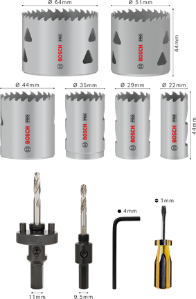 Set de carote multimaterial Bosch PRO, 12 bucăți cu dimensiuni de 22–64 mm.
