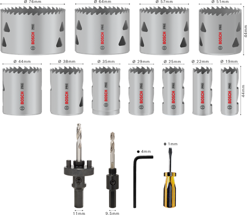 Set de carote multimaterial Bosch PRO, 17 bucăți, cu dimensiuni 19-76 mm.