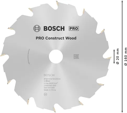 Lamă de ferăstrău circular pentru lemn Bosch PRO Construct, 160 mm.