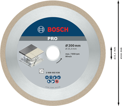 Disc diamantat ceramic Bosch PRO 200 mm pentru tăierea plăcilor și faianței.