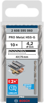 Burghiu spiralat Bosch PRO Metal HSS-G 4,2 mm, pachet de 10.