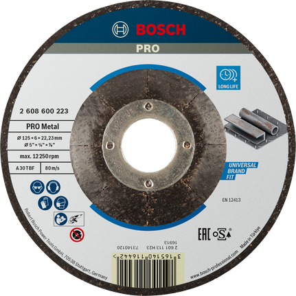 Disc de șlefuit cu liant metalic Bosch PRO, 125 mm, durată lungă de viață.