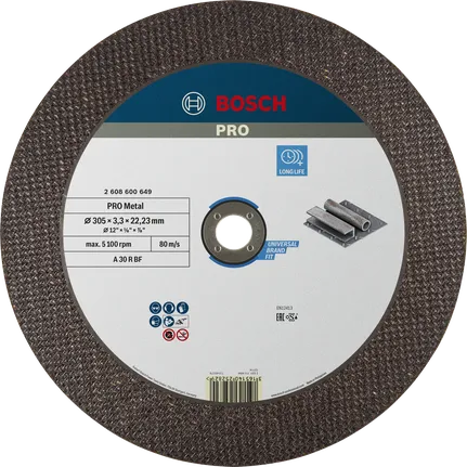 Disc de tăiere cu liant metalic Bosch PRO, 305 mm, pentru metal.