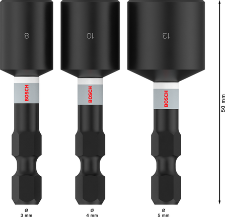 Set de chei de piulițe cu impact Bosch PRO Nutsitter 8, 10, 13 mm, lungime 50 mm.