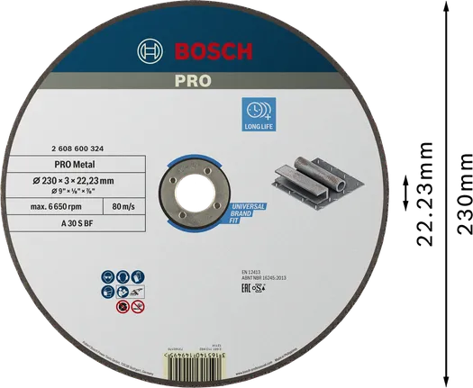 Disc de tăiere cu liant metalic Bosch PRO 230x3x22,23 mm.