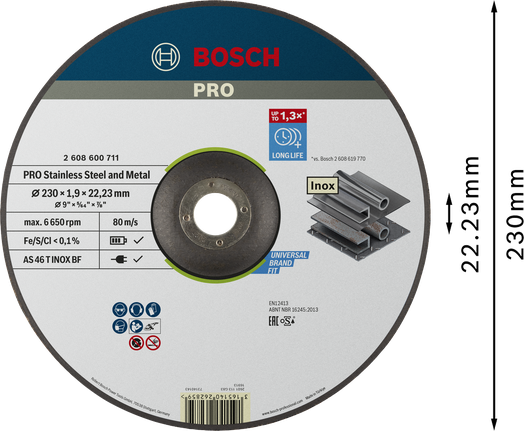 Disc de tăiere Bosch PRO pentru oțel inoxidabil și metal, 230 mm.
