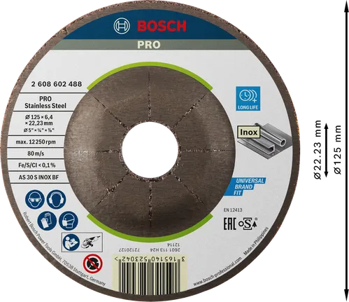 Disc de șlefuit Bosch PRO din oțel inoxidabil 125 x 6 x 22,23 mm.