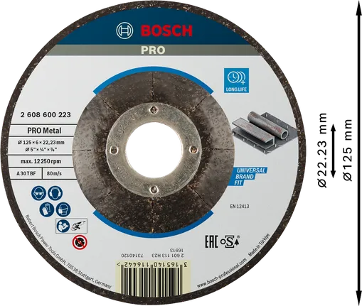 Disc de șlefuit cu liant metalic Bosch PRO, 125 mm, durată lungă de viață.