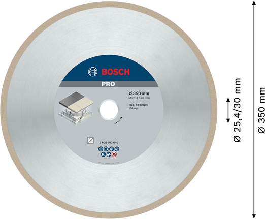 Disc diamantat ceramic Bosch PRO 350 mm pentru tăierea plăcilor și faianței.