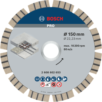 Disc diamantat pentru beton Bosch PRO, 150 mm, pentru tăierea betonului.