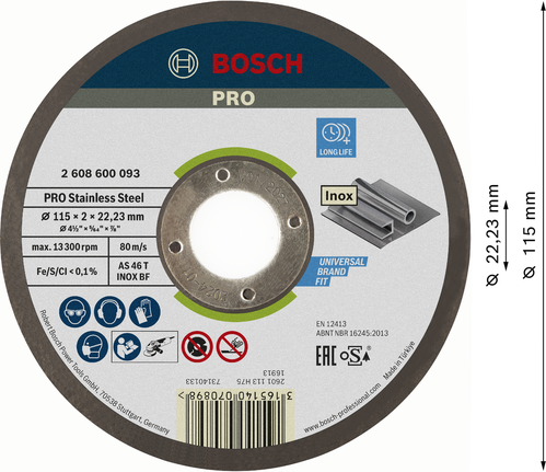 Disc de tăiere Bosch PRO din oțel inoxidabil 115 x 2 mm.