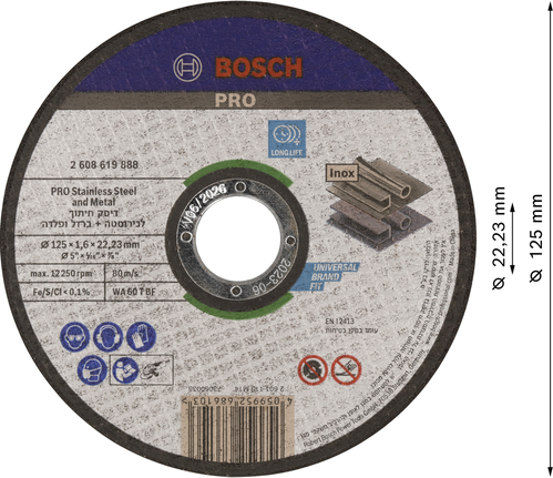 Disc de tăiere Bosch PRO pentru oțel inoxidabil și metal, 125 mm.