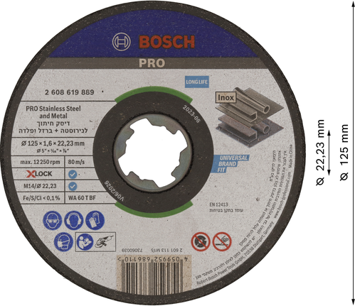 Disc de tăiere Bosch PRO X-Lock pentru oțel inoxidabil și metal, 125 mm.