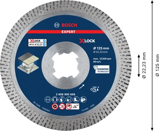Disc de tăiere diamantat Bosch EXPERT HardCeramic X-LOCK 125 mm.