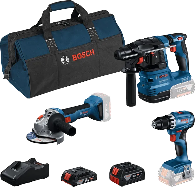 Kit combinat Bosch de 18V cu bormașină, ciocan rotopercutor, polizor, baterii, încărcător și geantă.