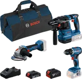 Kit combinat Bosch de 18V cu bormașină, ciocan rotopercutor, polizor, baterii, încărcător și geantă.