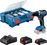 Set de burghiu Bosch GSR 18V-65 cu cutie și baterii.